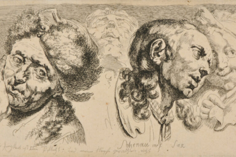 FOUR HEADS: MAN IN A FUR HAT, MAN LOOKING UP, MAN LOOKING TO RIGHT, AND A COY WOMAN