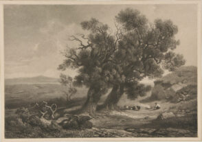Old Oaks, with Shepherd and Sheep Near a Fire