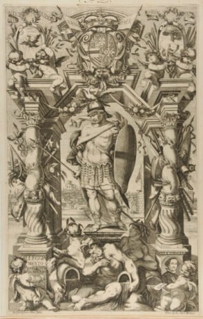 Warrior Standing on a Pedestal, with a Frame on which are Grouped Attributes of War and Peace