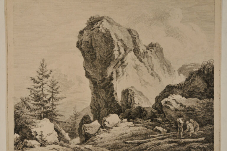 ROCKY PINACLE WITH THREE FIGURES AT RIGHT