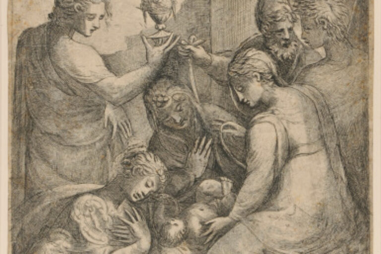 INFANT JESUS IN CRADLE, SURROUNDED BY SAINTS