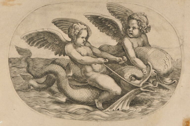 TWO CUPIDS RIDING ON DOLPHINS