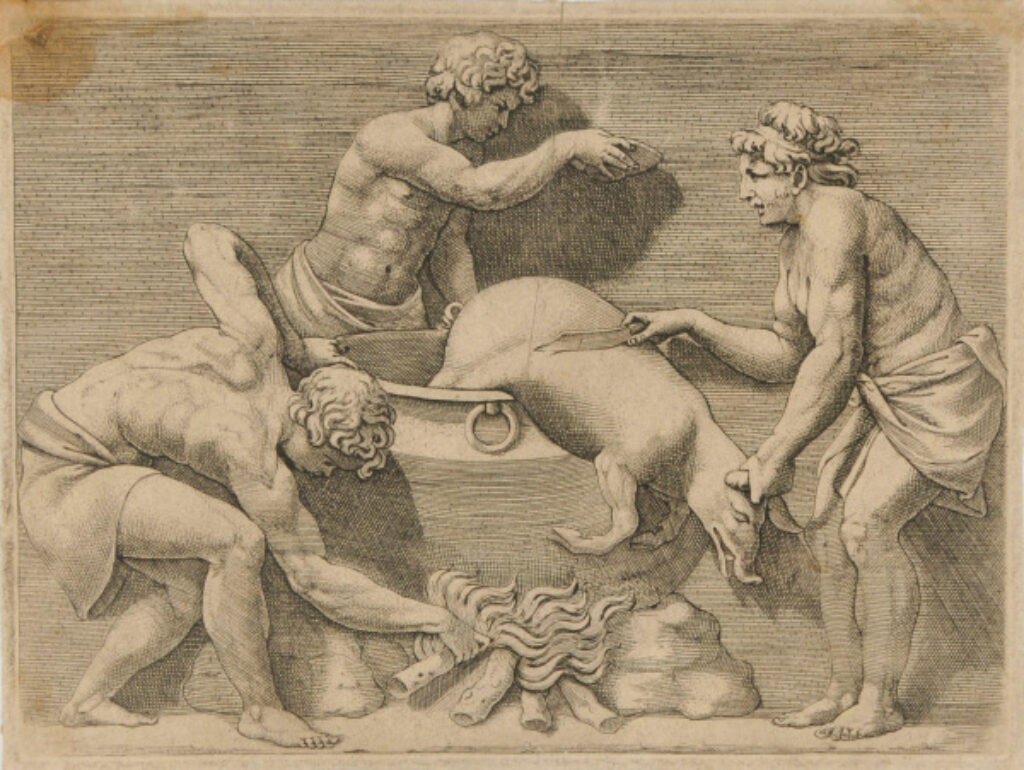 Three Men Sacrificing a Pig