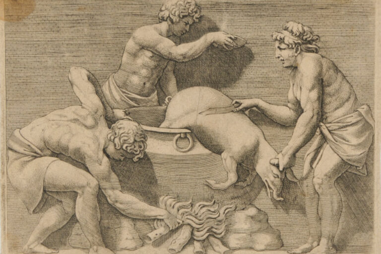 THREE MEN SACRIFICING A PIG