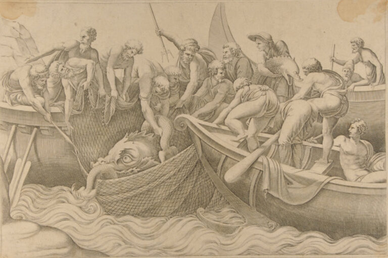 FISHERMEN DRAWING IN THEIR NETS WITH MONSTROUS FISH
