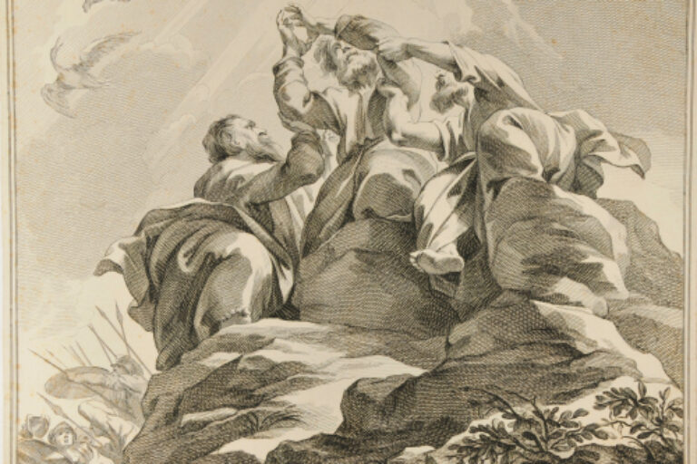 MOSES SEATED ON A STONE BY AARON AND HUR