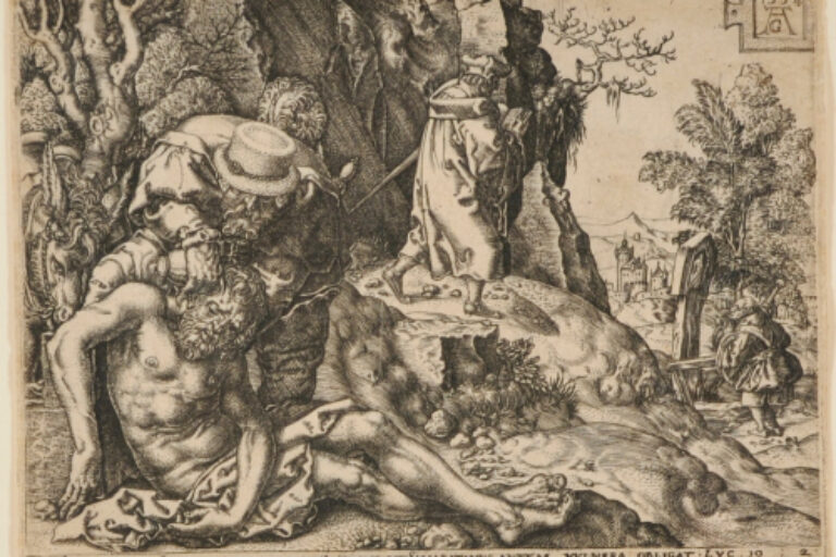 THE GOOD SAMARITAN TENDING THE TRAVELLER'S WOUNDS WITH OIL AND WINE, WITH THE PRIEST AND THE LEVITE PASSING