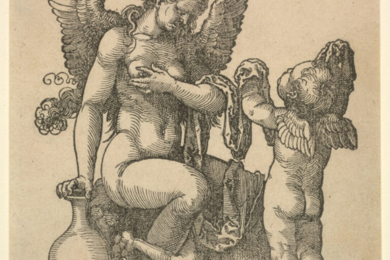 NUDE WINGED FEMALE SITTING ON THE FIGURE OF DEATH