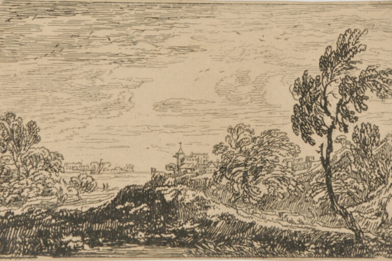 LANDSCAPE WITH HOUSES AND SAILBOAT IN DISTANCE