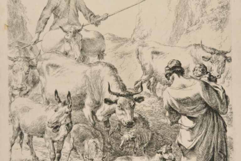 SHEPHERD AND SHEPHERDESS WITH THE HERD CROSSING THE BROOK
