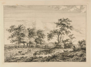 Sheep Grazing in Field with Two Men Leaning on Fence in Background