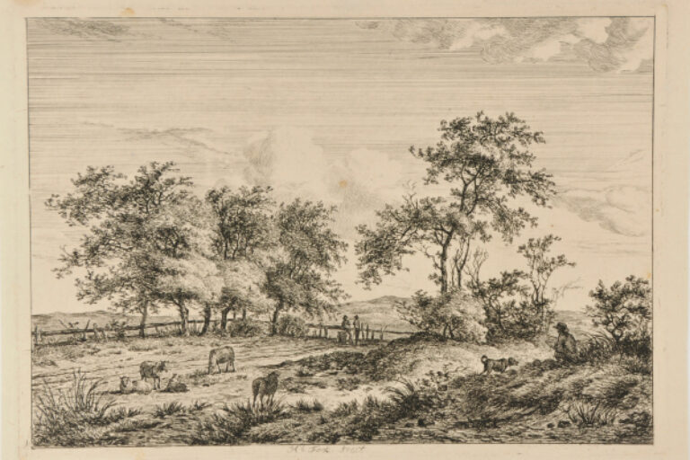 SHEEP GRAZING IN FIELD WITH TWO MEN LEANING ON FENCE IN BACKGROUND