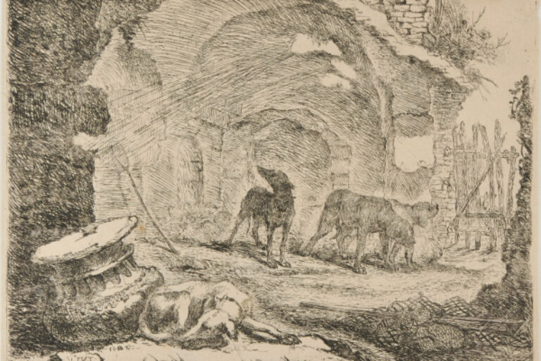 THE FOUR DOGS BY THE RUINS OF A BUILDING