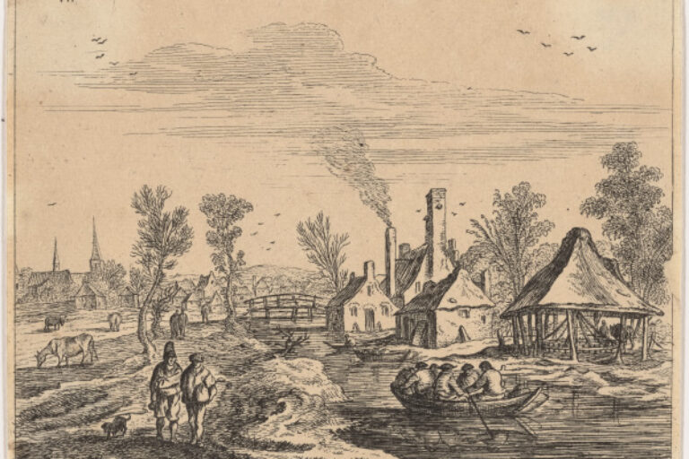 RIVER LANDSCAPE WITH SIX MEN IN A ROW BOAT
