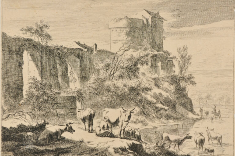WOMAN MILKING A COW NEAR A RUIN ON A RIVER