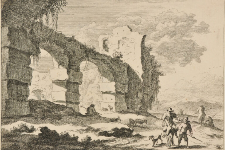 MAN ON A DONKEY NEAR A RUIN