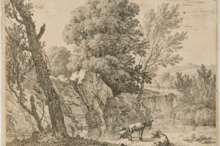 THE LABORER WITH TWO DONKEYS NEAR A RIVER