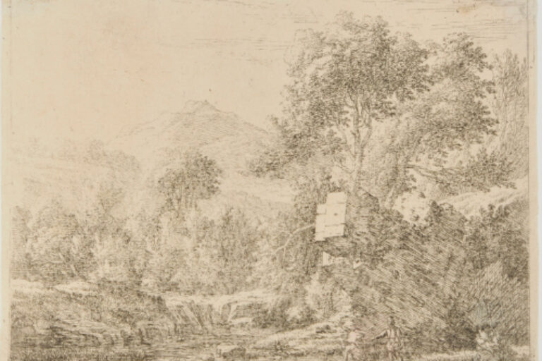 LANDSCAPE WITH TWO MEN NEAR A ROCK IN THE WATER