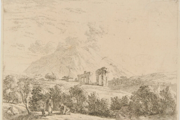 TWO MEN IN A LANDSCAPE WITH RUINS, WITH ONE MAN TYING HIS SHOE