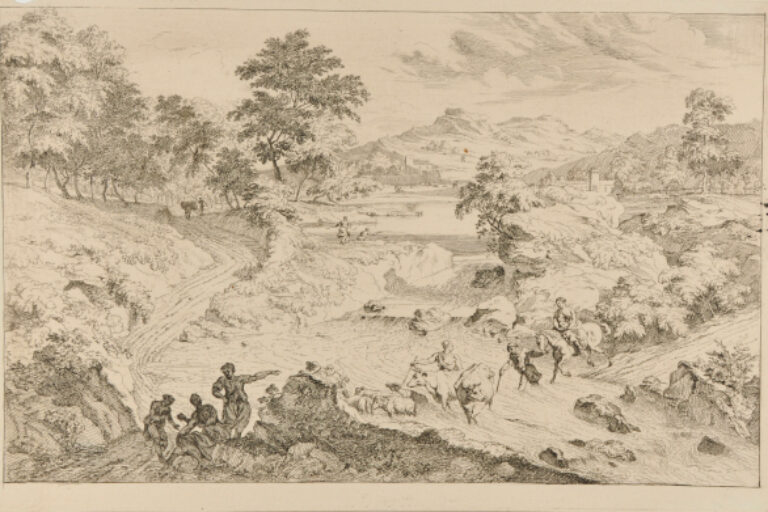 PEASANTS WITH CATTLE FORDING A STREAM