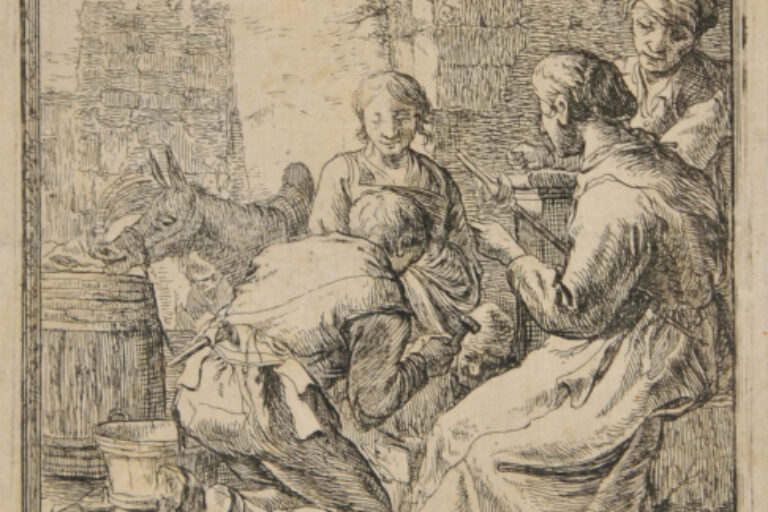 FOUR FIGURES IN A DILAPIDATED BUILDING (A BLACKSMITH'S WORKSHOP?)