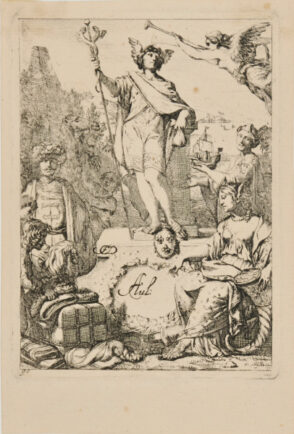 Commercial frontispiece with Mercury on a pedestal adorned with the arms of France