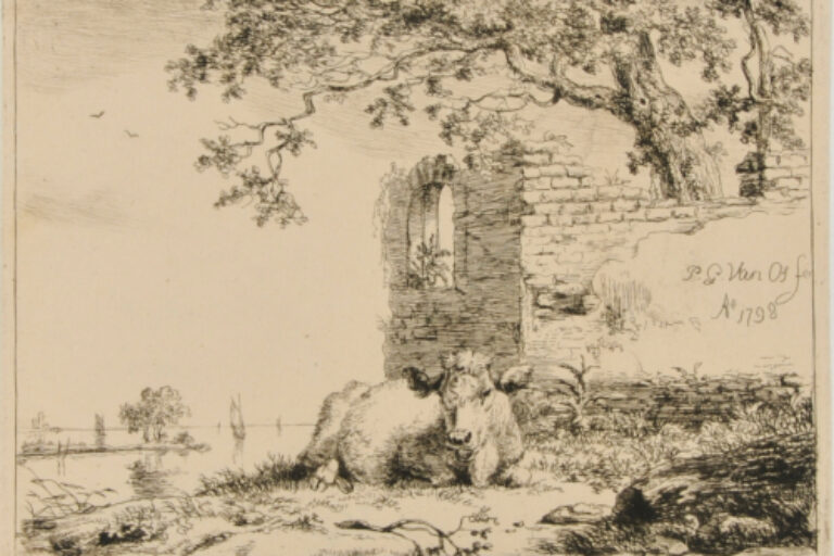 SCENE WITH RUINS AND COW IN FOREGROUND
