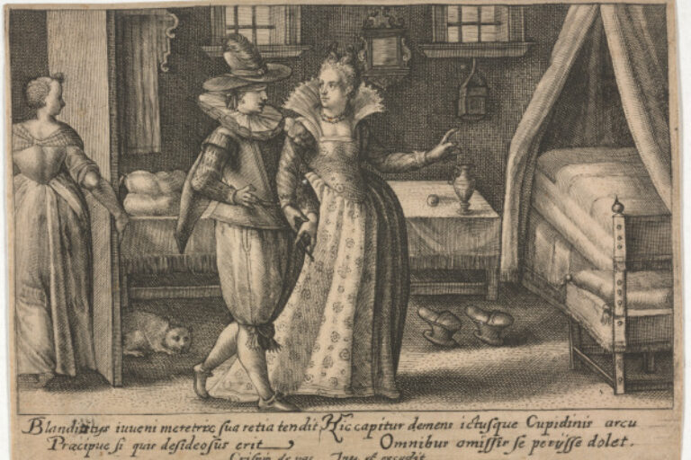 WOMAN LEADING A BLINDFOLDED MAN TO A BED