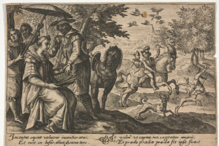 LADY SEATED BENEATH A TREE, WITH A HUNTING SCENE IN THE BACKGROUND