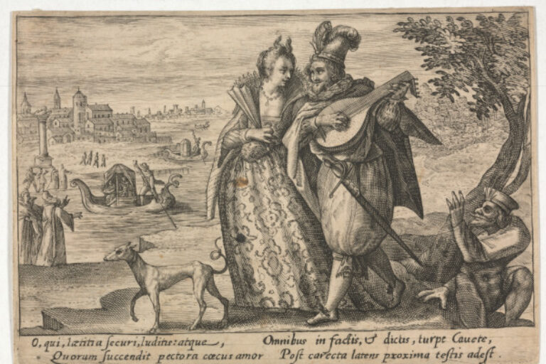 LADY AND GENTLEMAN WALKING ON THE BANK OF A RIVER