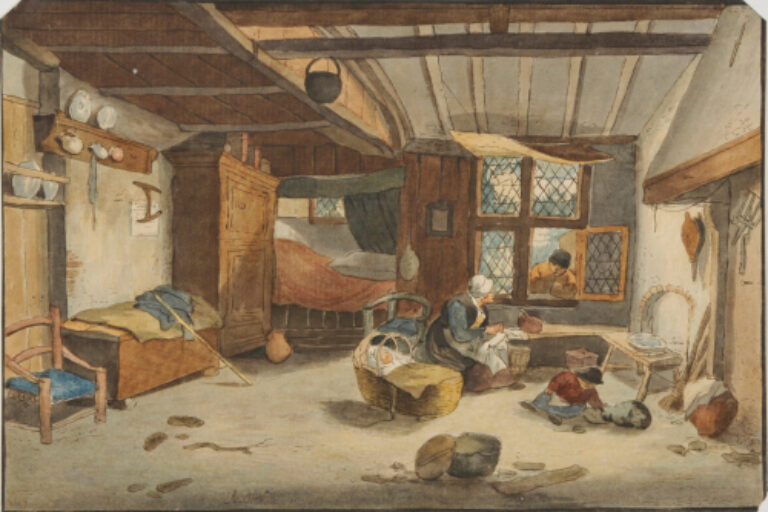 COTTAGE SCENE WITH WOMAN SEWING BY A CRADLE