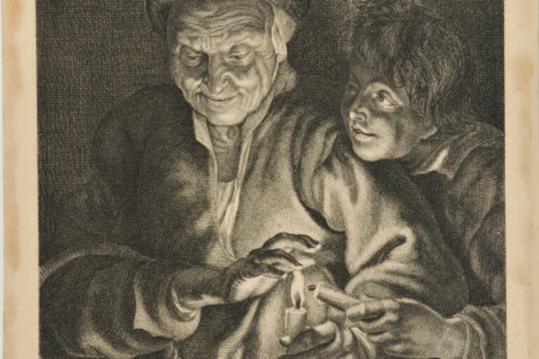 OLD WOMAN AND A BOY WITH CANDLES