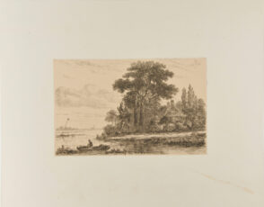 River Landscape with Thatched Cottage among Trees and Man in Rowboat