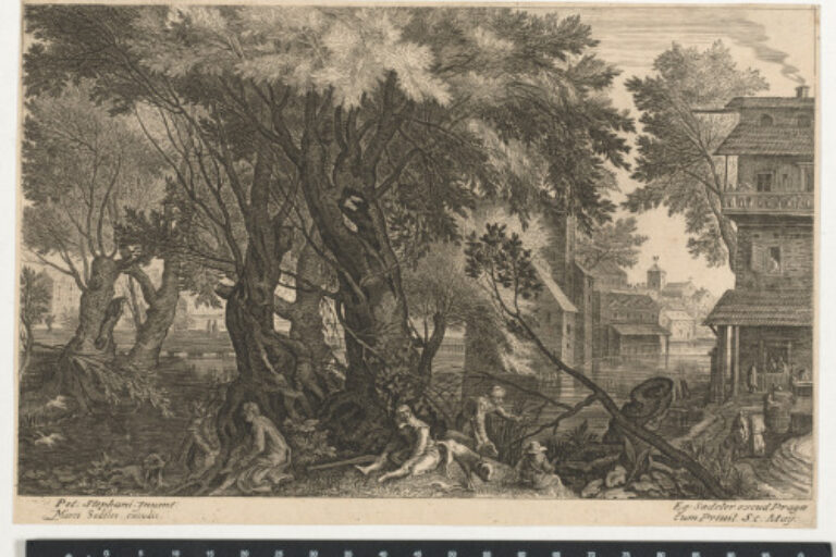 RIVER LANDSCAPE, WITH HUNTERS AND THEIR DOGS IN FOREGROUND