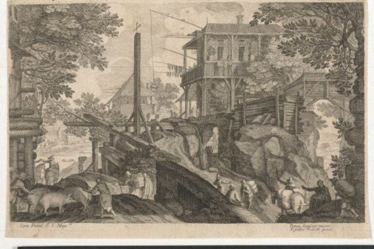 LANDSCAPE WITH MILL, MEN AND ANIMALS IN FOREGROUND