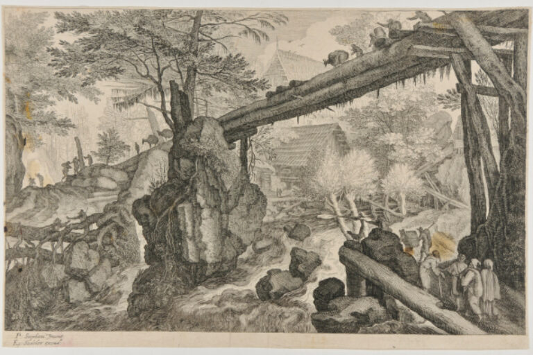 LANDSCAPE WITH LOG BRIDGE OVER WATERFALL