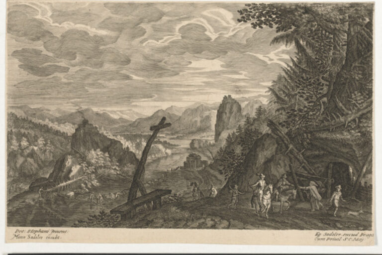 LANDSCAPE, WITH RIDERS APPROACHING A HERMIT ON RIGHT