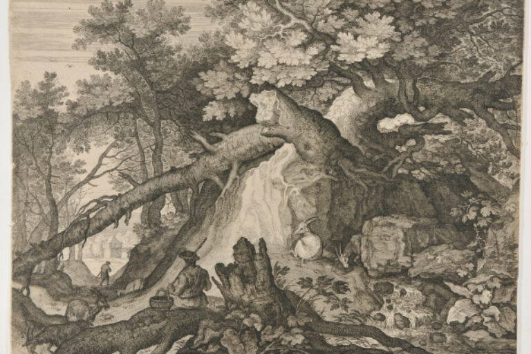 LANDSCAPE, WITH GNARLED TREE AND GOATS