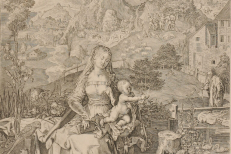VIRGIN AND CHILD SITTING IN LANDSCAPE