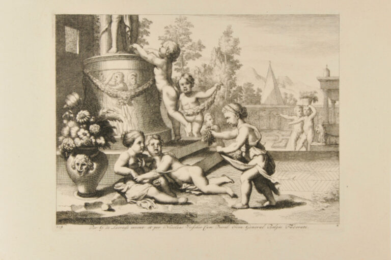 PUTTI PLAYING IN A GARDEN, WITH GRAPES AND A STATUE