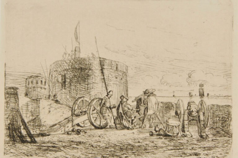 FORT OVERLOOKING SEA WITH MEN STANDING BY CANNON