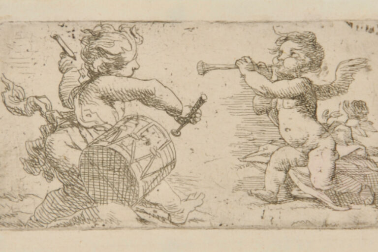 TWO PUTTI, ONE WITH A DRUM AND ONE WITH A TRUMPET
