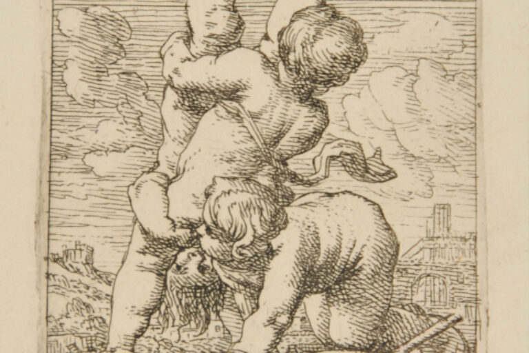 THREE CHILDREN AT PLAY, ONE HELD UPSIDE DOWN BY THE FEET