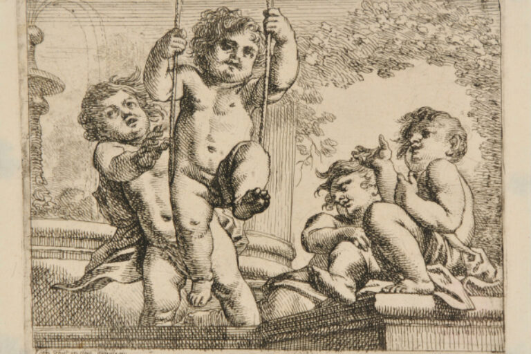FOUR CHILDREN AT PLAY, ONE IN A SWING