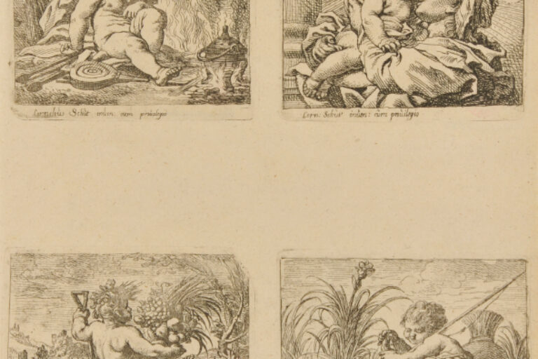 VIRGIN AND CHILD; CHILD WITH BELLOWS AND TONGS, SITTING BY FIRE; AUTUMN, REPRESENTED BY CHILD WITH CORNUCOPIA OF FRUIT; CHILD FISHING