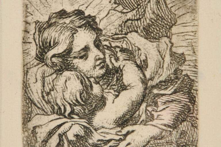 VIRGIN, WITH FLOATING DRAPERIES, EMBRACED BY CHILD