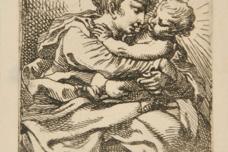 VIRGIN, TURNED TO RIGHT, HOLDING CHILD EMBRACING HER