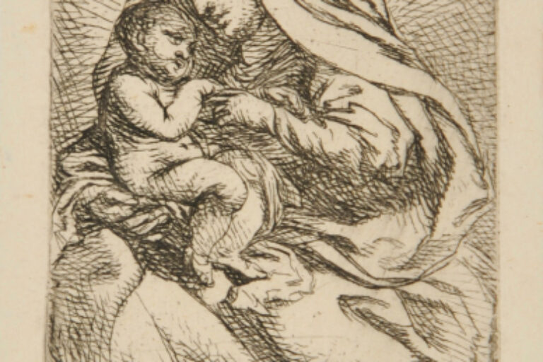 VIRGIN, TURNED TO LEFT, WITH CLOAK OVER HER HEAD, HOLDING CHILD ON HER ARM