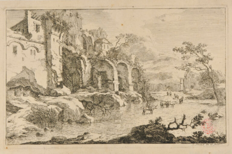 MAN DRIVING CATTLE THROUGH RIVER, RUINED BUILDING ON LEFT