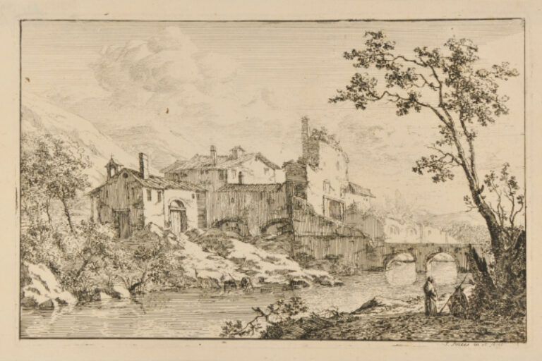 BUILDINGS ON THE BANK OF A RIVER SPANNED BY A TWO-ARCHED BRIDGE